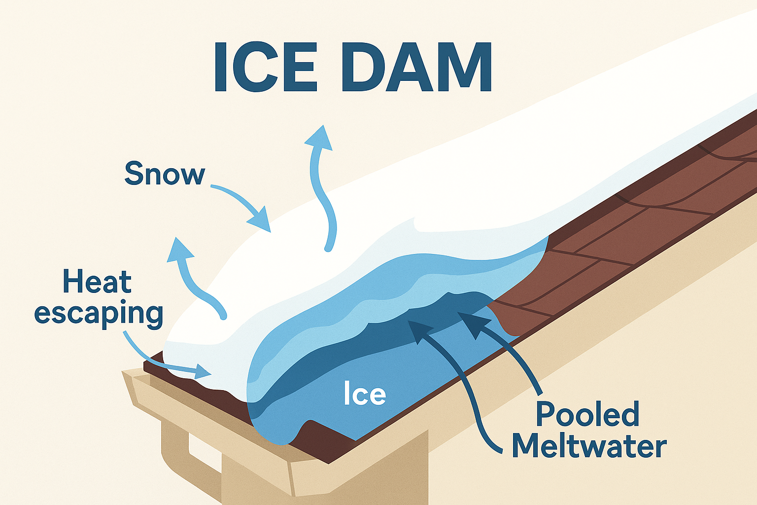 Diagram showing how ice dams form on a roof with snow, heat loss, and pooled meltwater